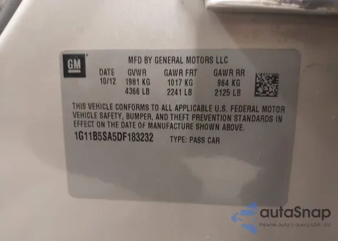 2013 Chevrolet Malibu 1Ls из США, поврежденный, VIN 1G11B5SA5DF183232